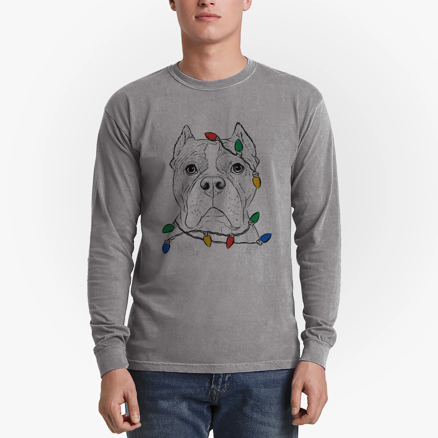 Christmas Lights Maggie the American Bulldog - Heavyweight 100% Cotton Long Sleeve - Image 4