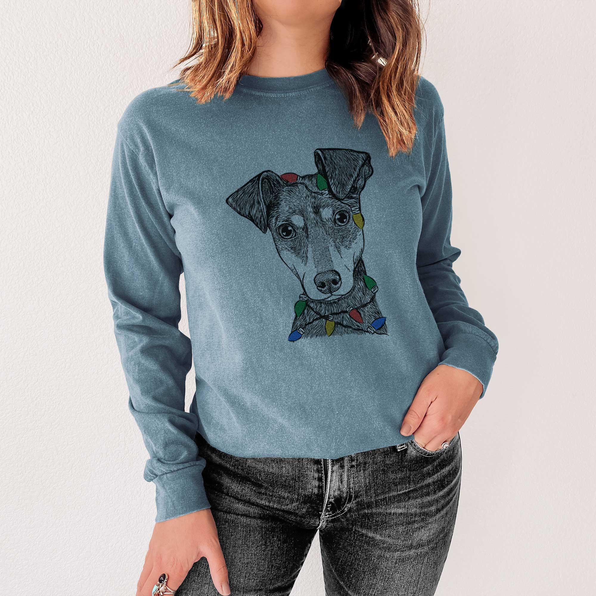 Christmas Lights Manny the Manchester Terrier - Heavyweight 100% Cotton Long Sleeve - Image 3