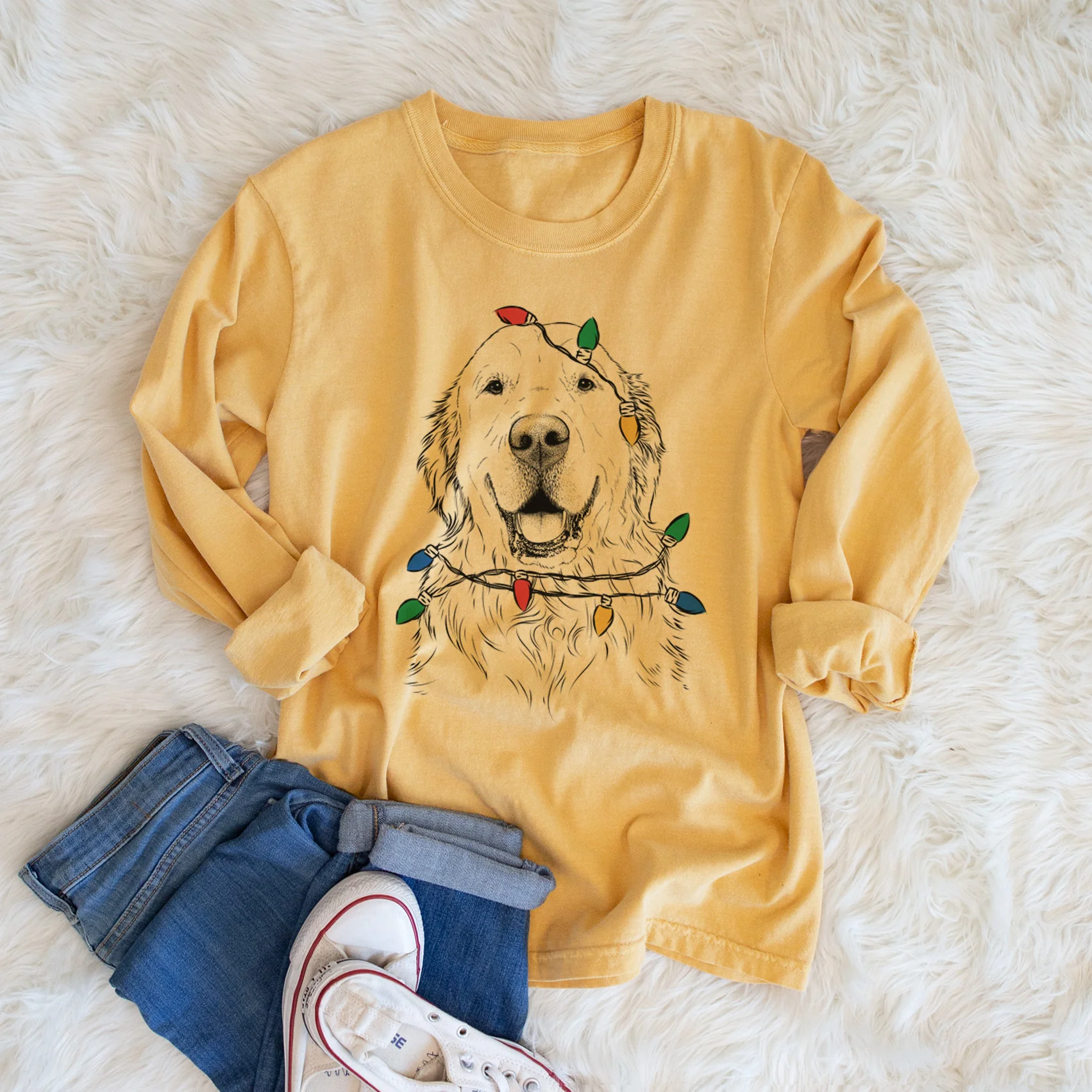 Christmas Lights Maximus the Golden Retriever - Heavyweight 100% Cotton Long Sleeve - Image 5
