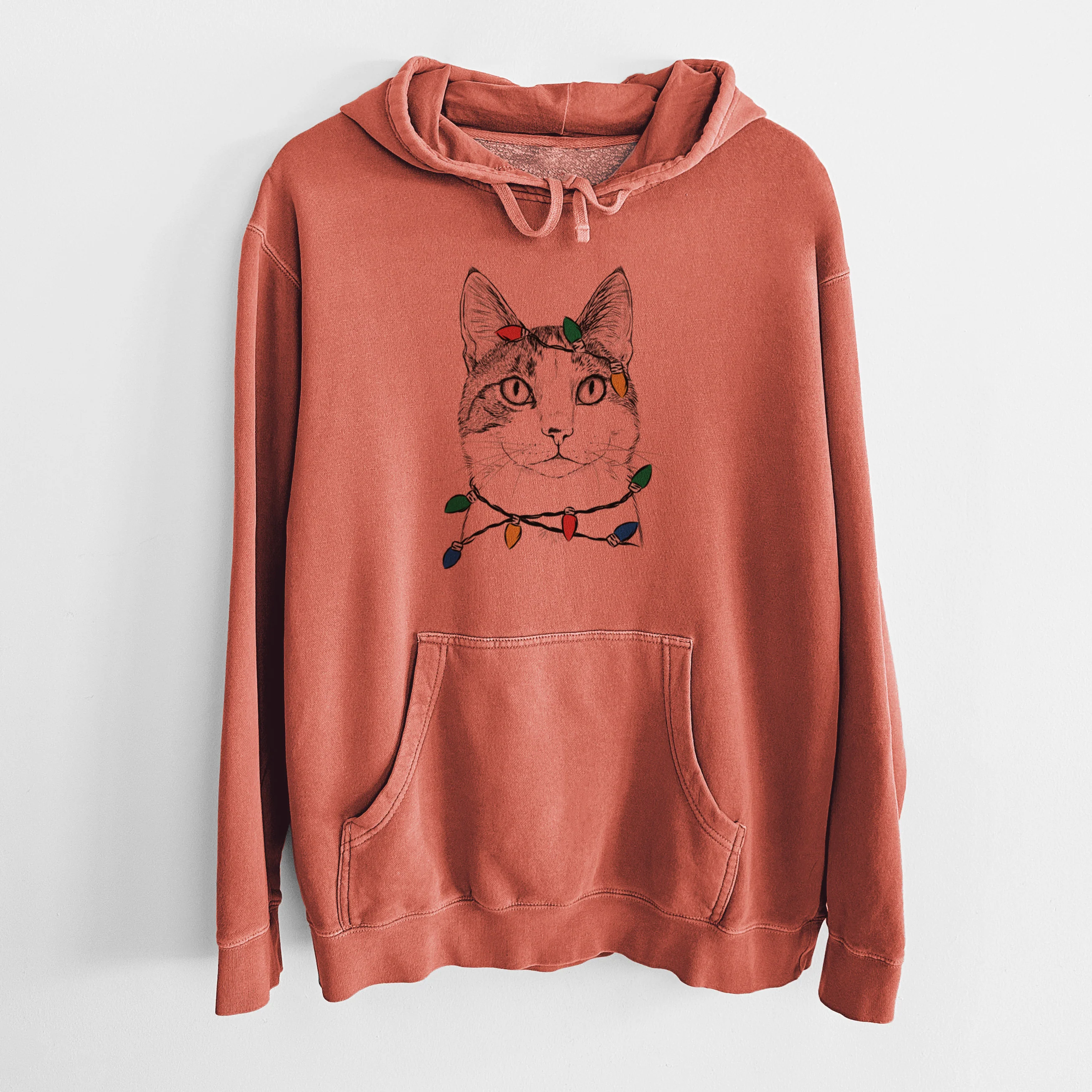 Christmas Lights Mini Griffin the Domestic Shorthair Cat - Unisex Pigment Dyed Hoodie - Image 7