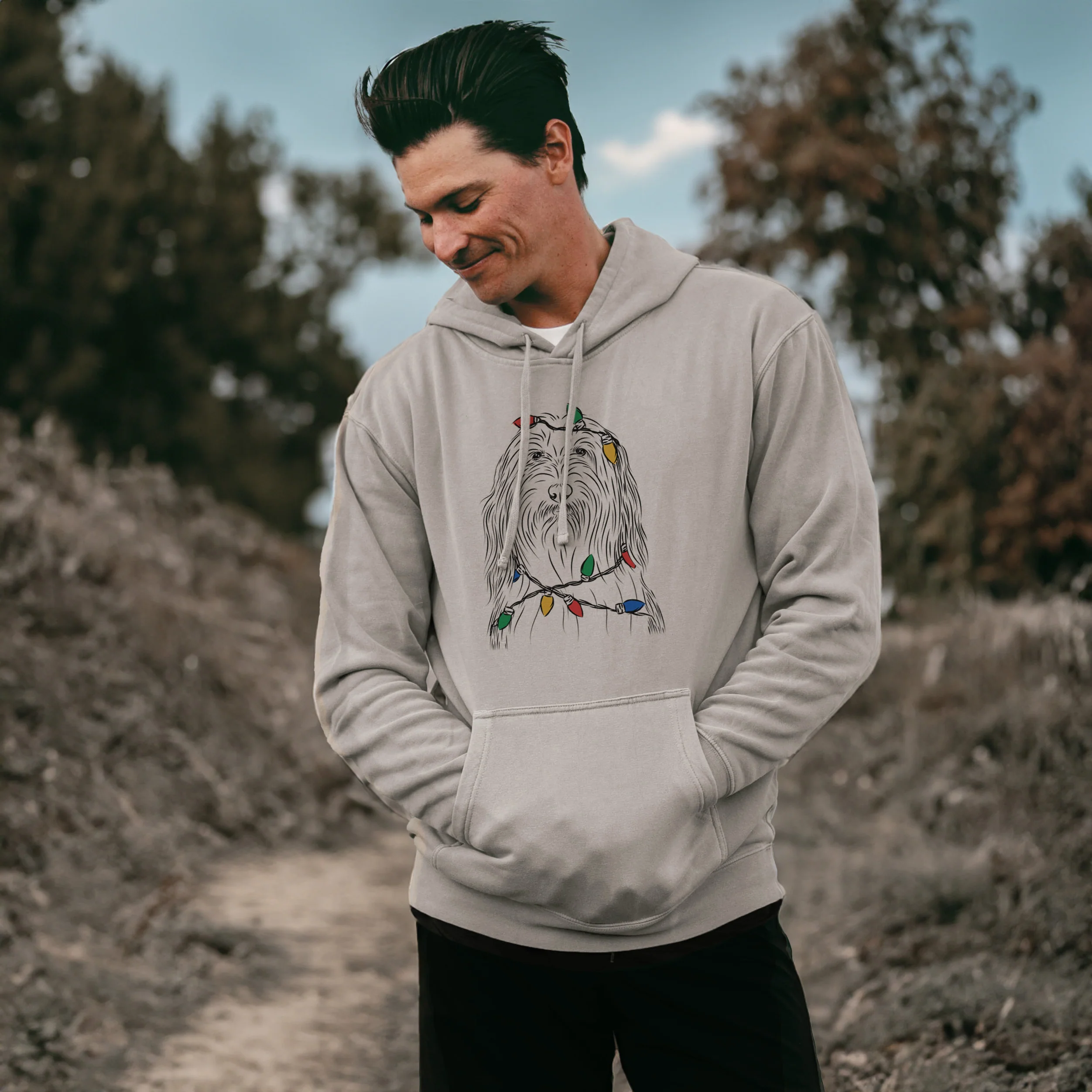 Christmas Lights Murray the Bearded Collie - Unisex Pigment Dyed Hoodie - Image 3