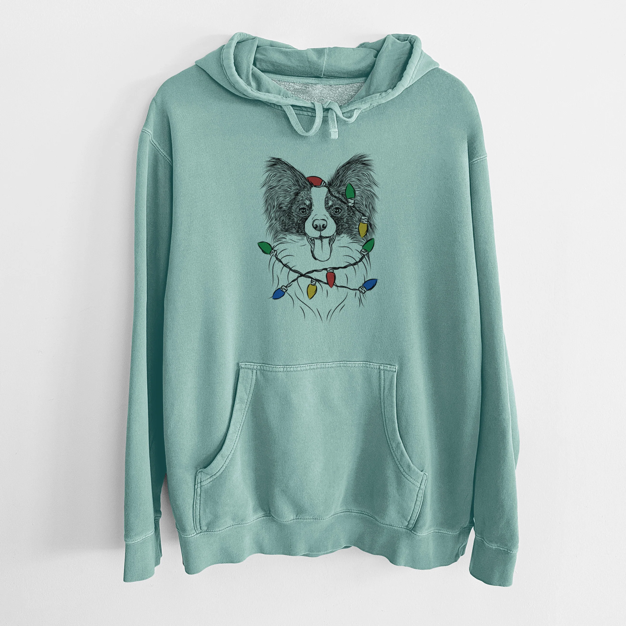 Christmas Lights Patrick the Papillon - Unisex Pigment Dyed Hoodie - Image 8
