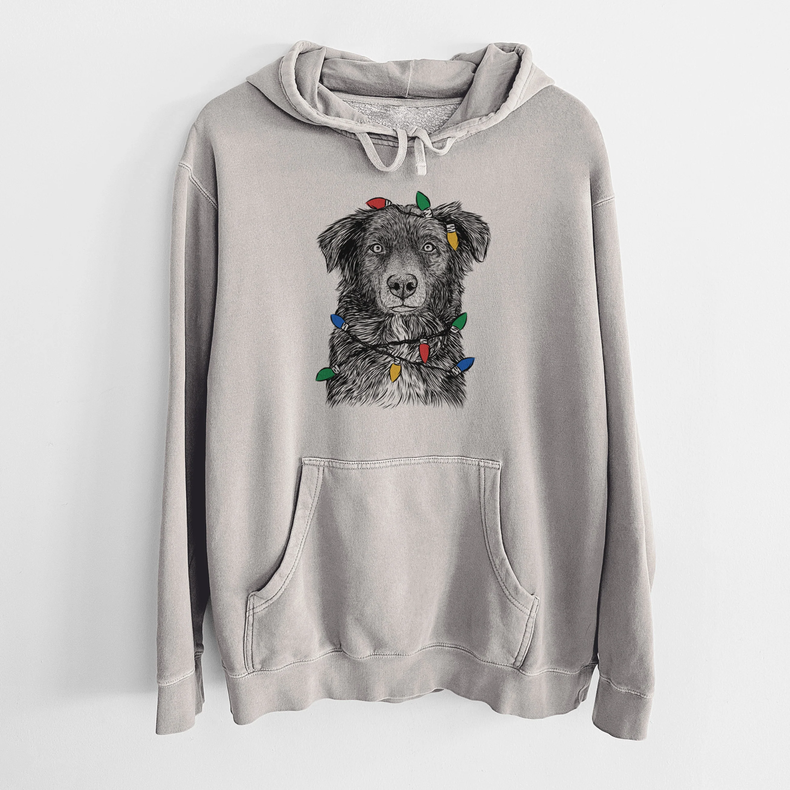 Christmas Lights Pixel the Australian Shepherd - Unisex Pigment Dyed Hoodie - Image 5