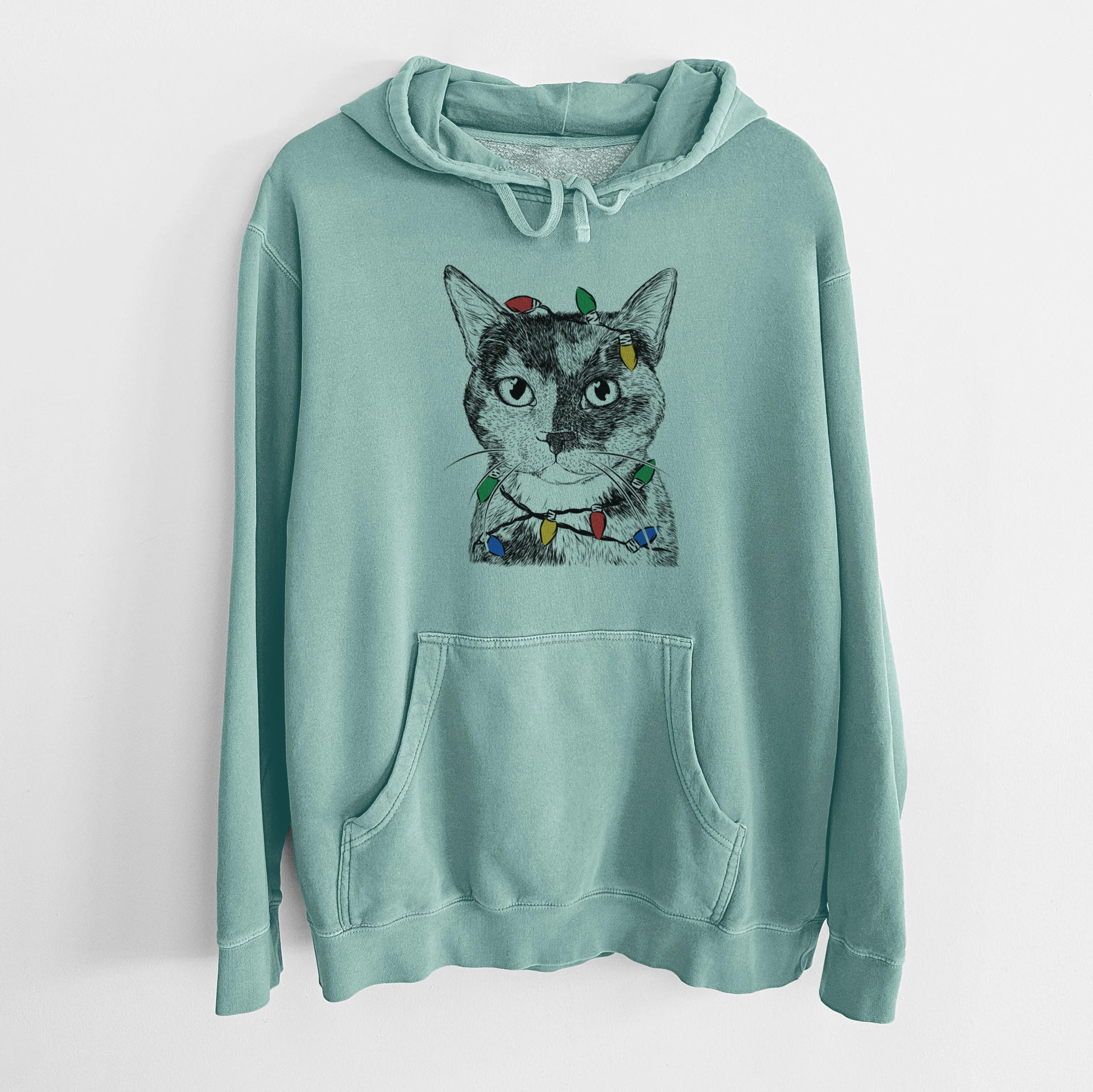 Christmas Lights Spooky Kitty the Tortoiseshell Cat - Unisex Pigment Dyed Hoodie - Image 8
