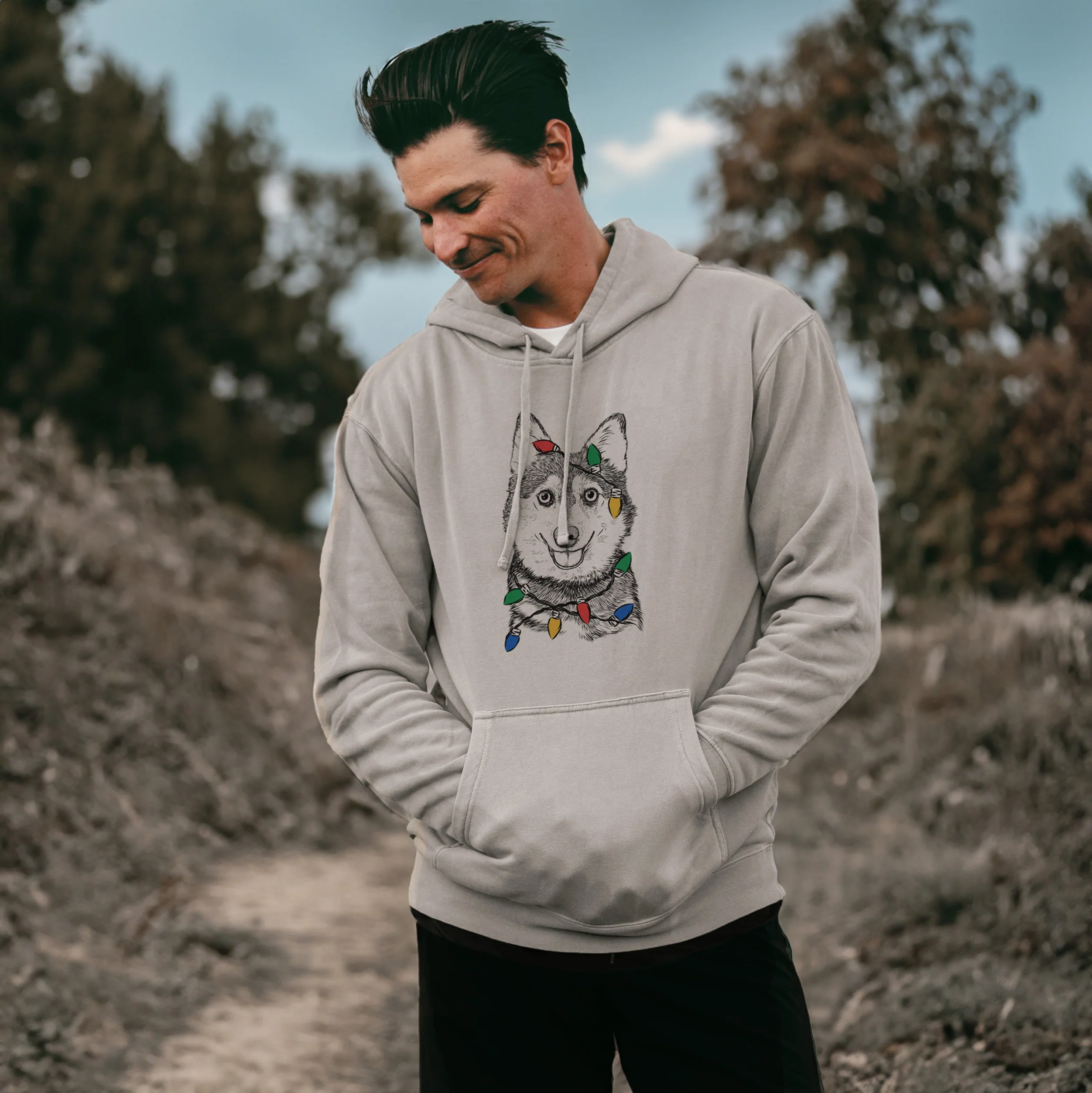 Christmas Lights Tellie the Alaskan Klee Kai - Unisex Pigment Dyed Hoodie - Image 3