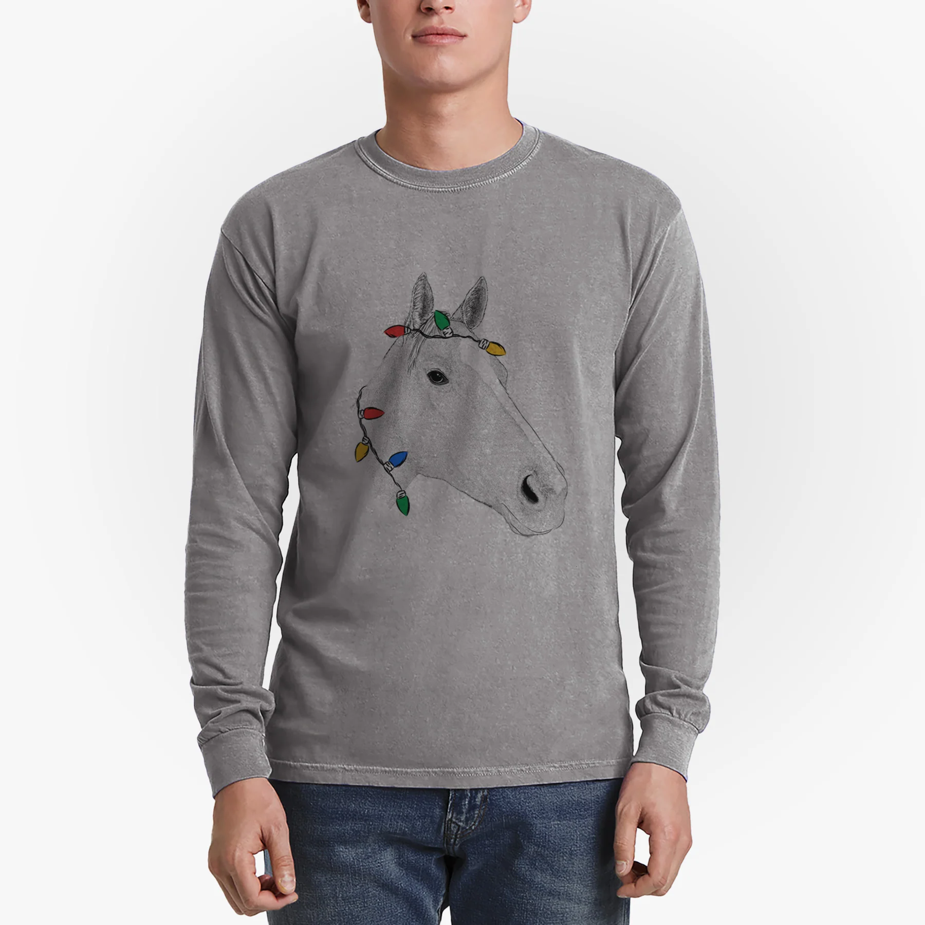 Christmas Lights Westley the Horse - Heavyweight 100% Cotton Long Sleeve - Image 4